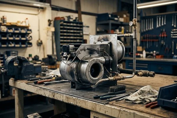 Boiler burner assembly removed for cleaning