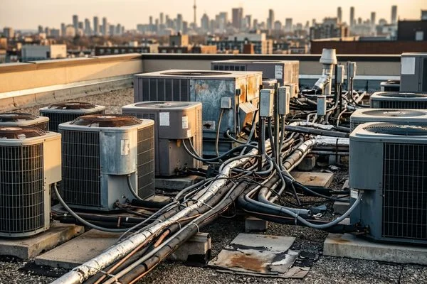 Cramped split system condenser on a commercial roof
