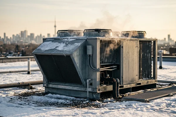Heat pump RTU defrost cycle on a snowy Toronto roof