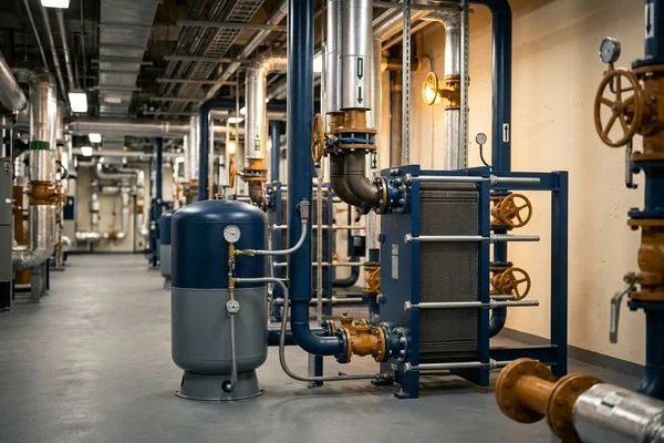 Plate heat exchanger and expansion tank in a basement mechanical room