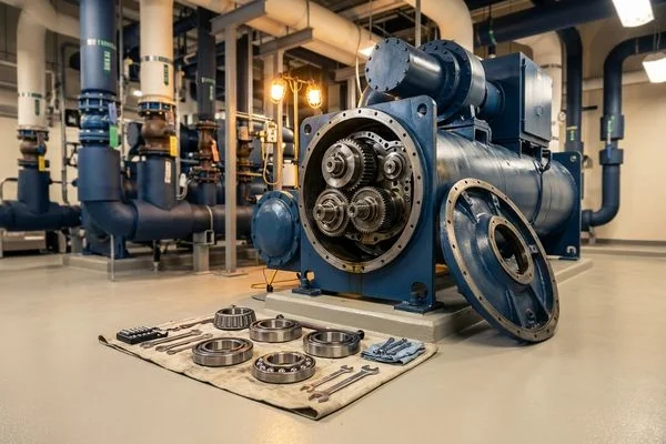 Screw chiller compressor overhaul in a mechanical room
