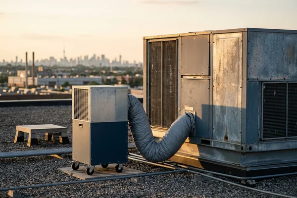 Temporary cooling unit staged beside a failed RTU