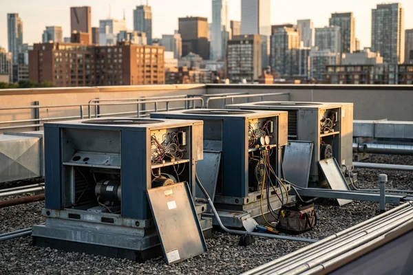 Three RTUs on a King West plaza roof during a weekend restore