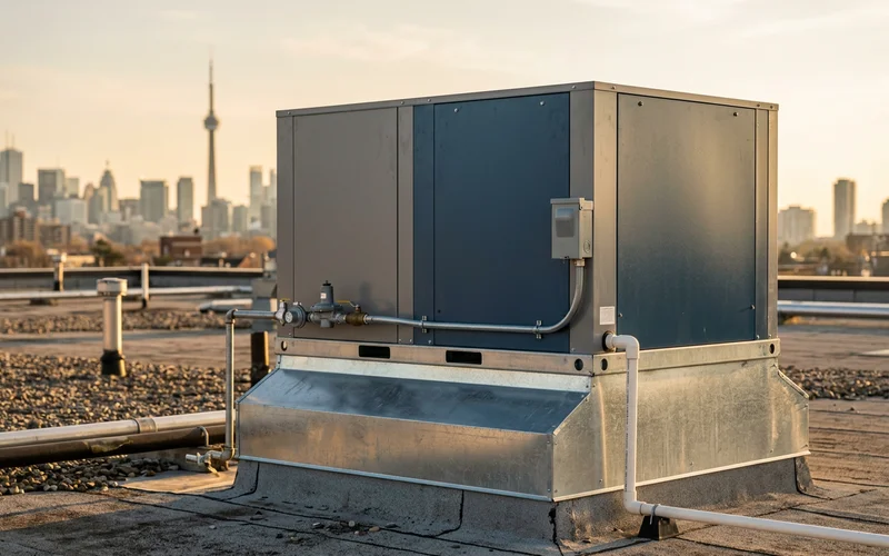 New RTU seated on a roof curb with gas, electrical and condensate connections