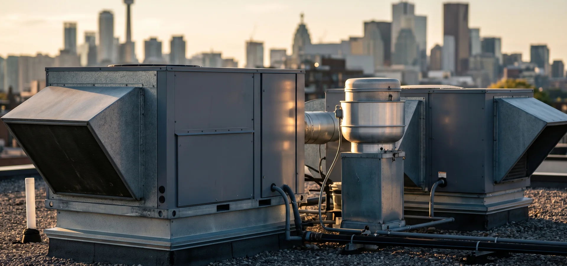 5-ton RTU beside a kitchen exhaust fan and make-up air unit on a restaurant roof