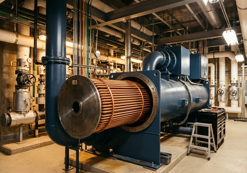 Retubed centrifugal chiller in a Bay Street tower mechanical room