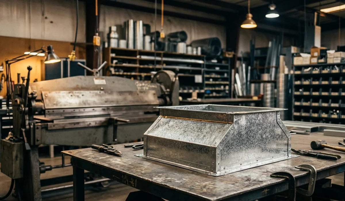 Custom galvanized curb adapter on the bench in our sheet-metal shop