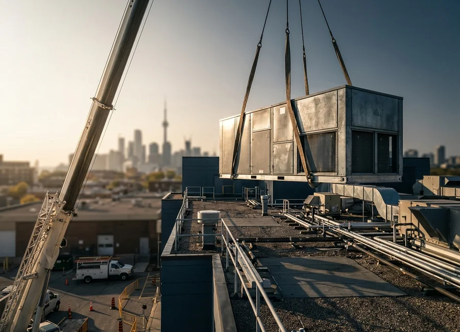 Crane lifting a packaged rooftop unit onto a GTA commercial roof