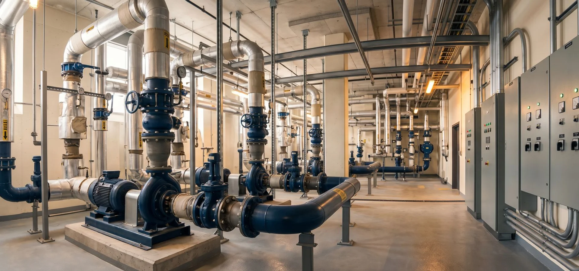 Penthouse mechanical room with new pumps and piping in a Toronto condo tower