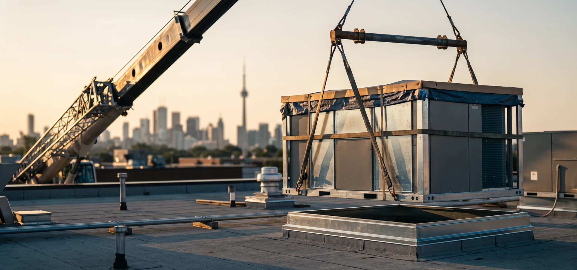 Crane lowering a new packaged rooftop unit onto a roof curb in Toronto