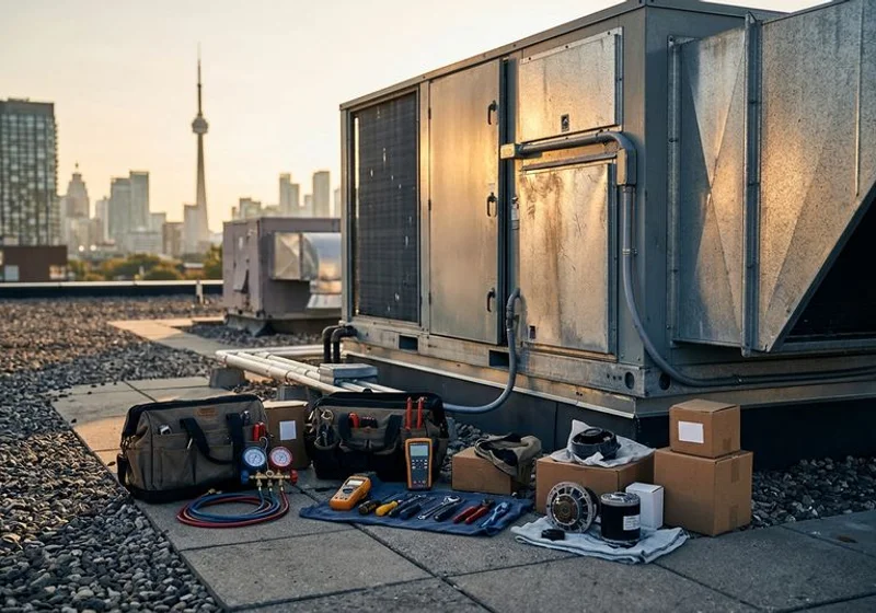 Red Seal crew gauges, tool bags and OEM parts staged beside a commercial rooftop unit