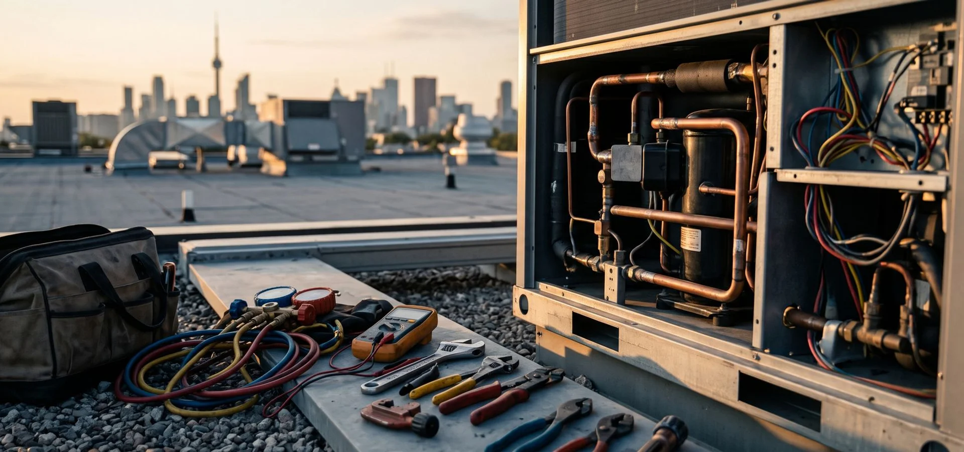 Open packaged rooftop unit compressor compartment on a Toronto commercial roof during a repair