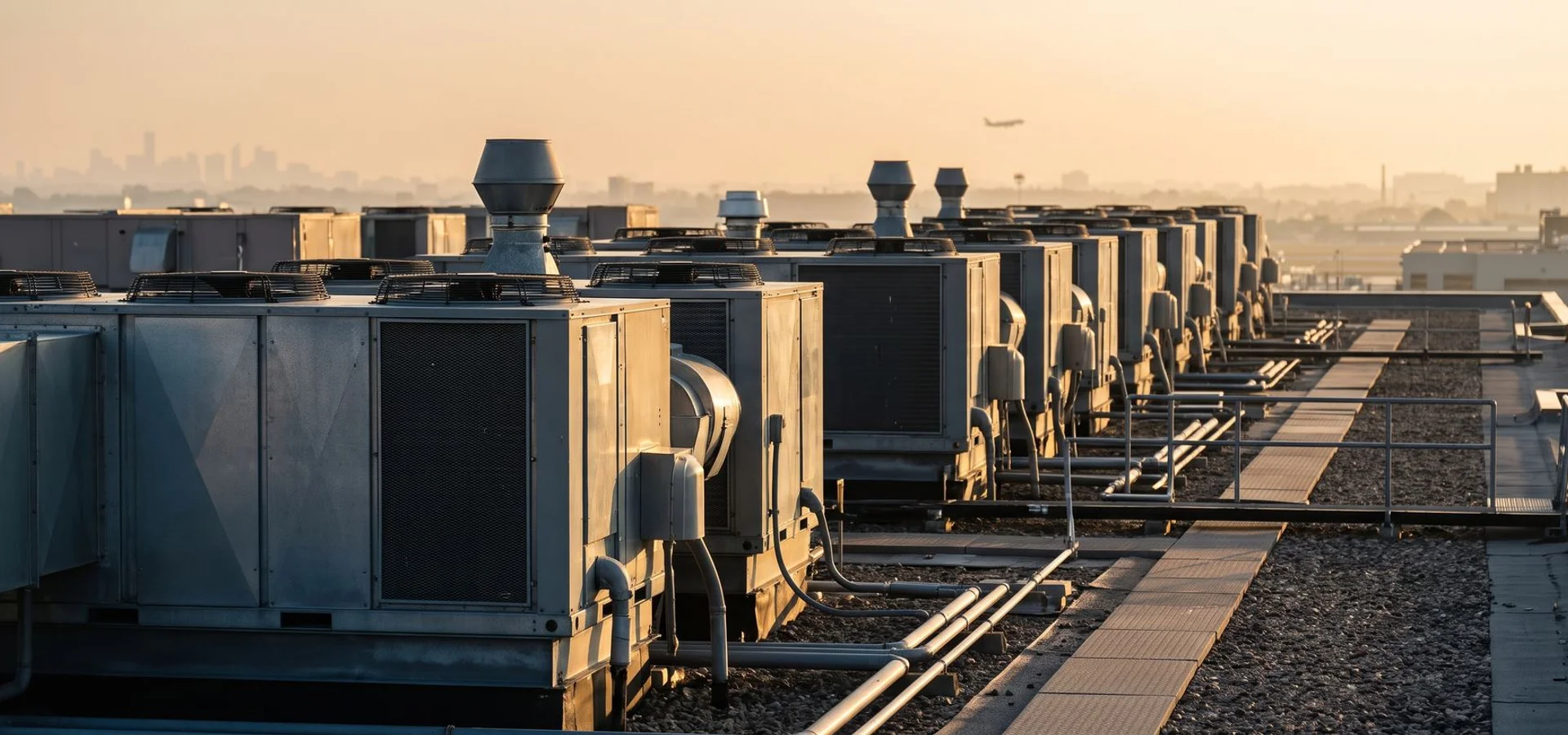 Row of Lennox packaged rooftop units on a GTA industrial roof