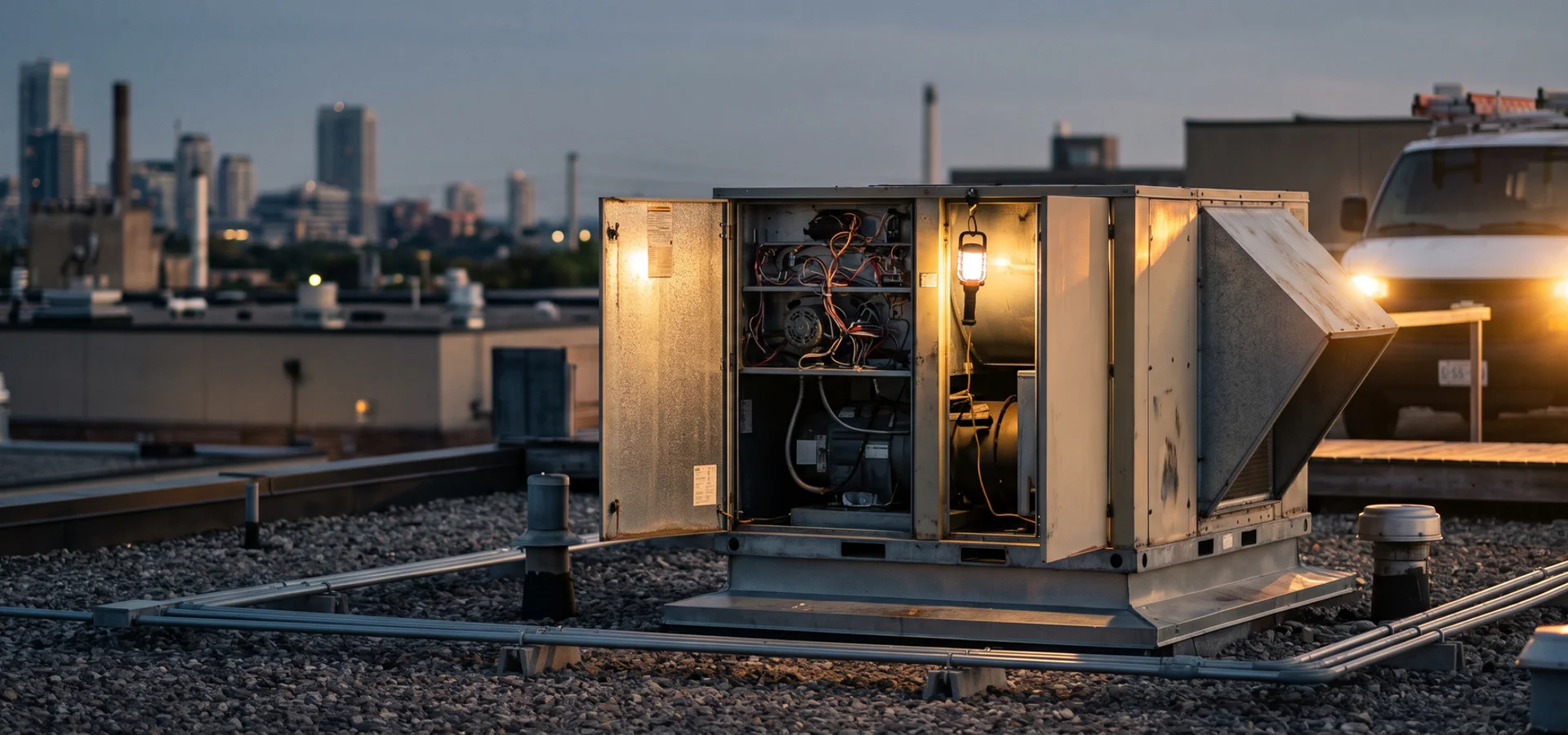 Commercial rooftop unit with an open panel under work lights at dusk in Toronto