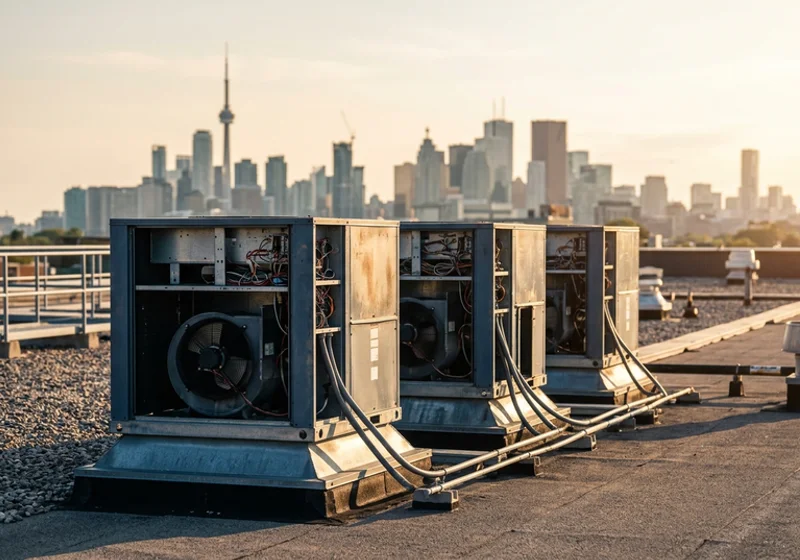 Three rooftop units on a King West retail plaza roof during an emergency restore