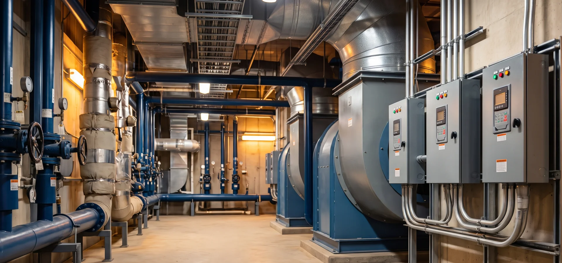 Variable frequency drive panels beside supply fans in a Toronto mechanical room